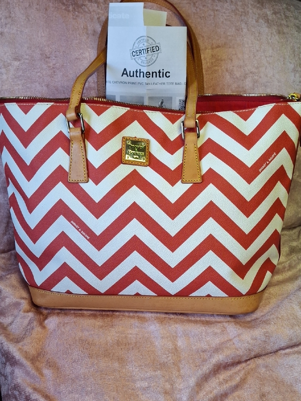 EUC Dooney & Bourke Red and White Chevron XL Tote with Tan Leather Trim